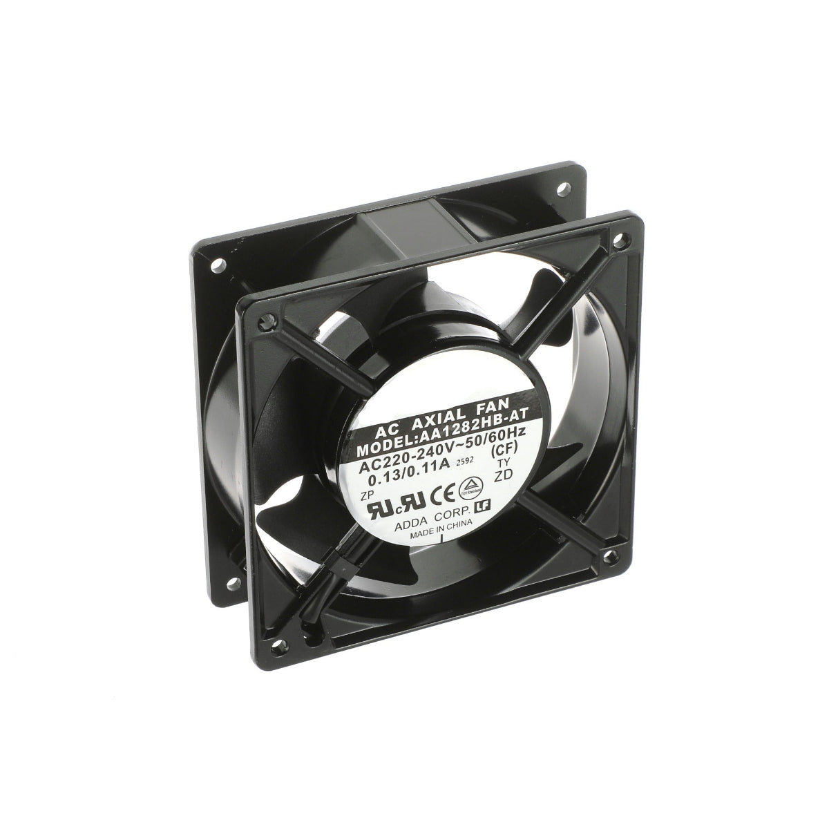 A black ADDDA AC axial fan, model AA120-24V-500RHT, shown from a three-quarters perspective on a solid white background.