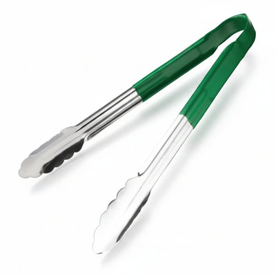 Colour coded 12 inch stainless steel catering serving tongs for HACCP food safety
