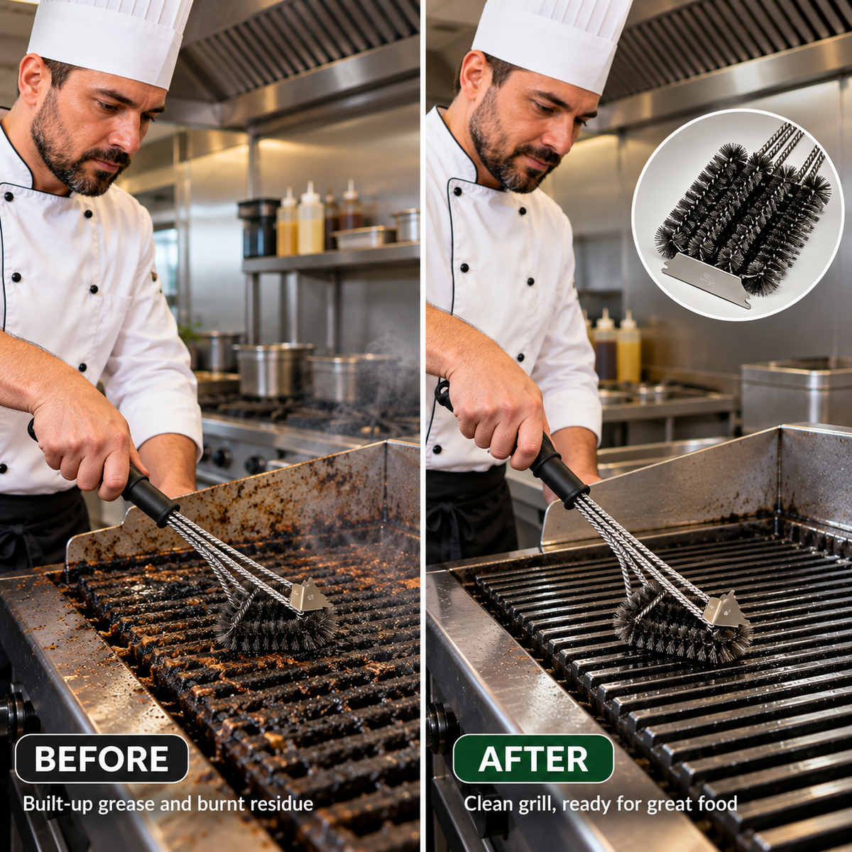 Short Handle 41cm Heavy Duty 304 Stainless Steel BBQ Grill Cleaning Brush with Scraper
