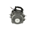 A black and gray electric motor assembly with a white circular center, shown on a white background with small metal hardware pieces on the left and white plastic pieces on the right.