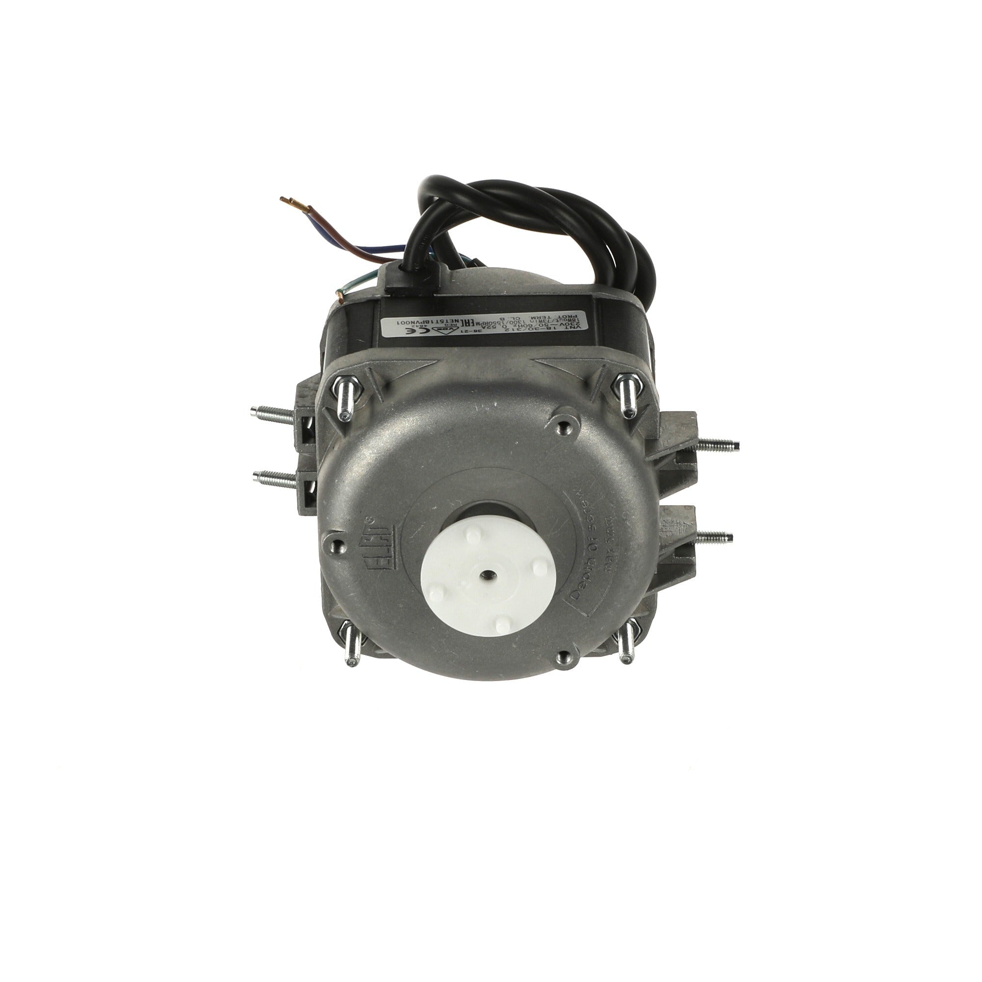 A black and gray electric motor assembly with a white circular center, shown on a white background with small metal hardware pieces on the left and white plastic pieces on the right.