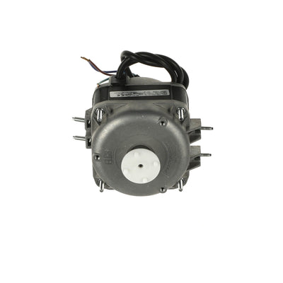 A black and gray electric motor assembly with a white circular center, shown on a white background with small metal hardware pieces on the left and white plastic pieces on the right.