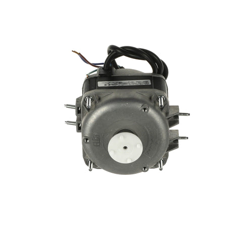 A black and gray electric motor assembly with a white circular center, shown on a white background with small metal hardware pieces on the left and white plastic pieces on the right.