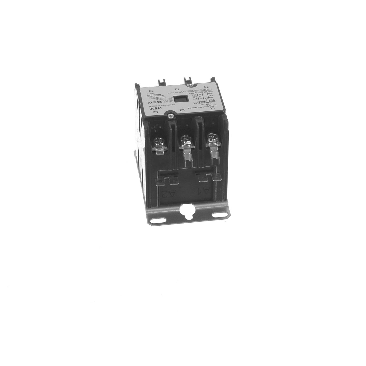 A black electrical contactor with a silver terminal label plate, shown on a white background with six silver screw terminals on each side.
