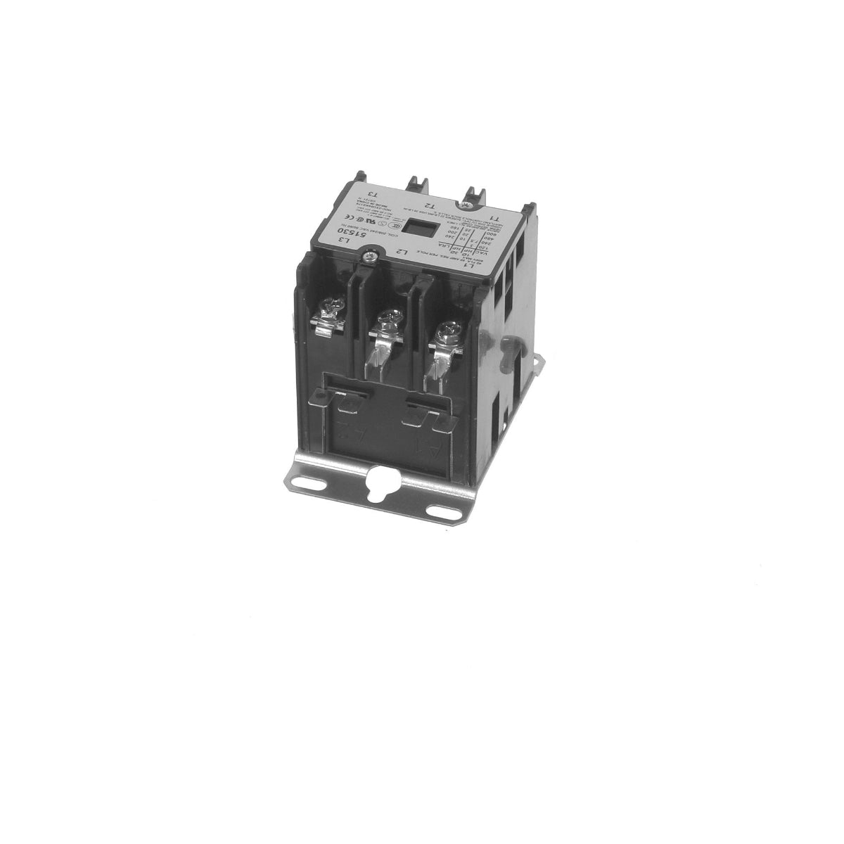 A black electrical contactor with a metal mounting bracket, shown on a white background with its mounting screws and terminal clips arranged beside it.