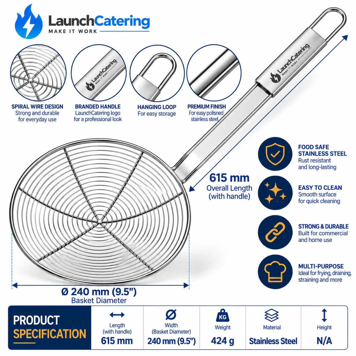 Professional 61 Cm Length Round Skimmer D24cm Stainless Steel Spider Strainer