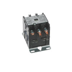 A black electrical contactor with a silver metal terminal cover and several mounting screws and terminal leads displayed on a white background.