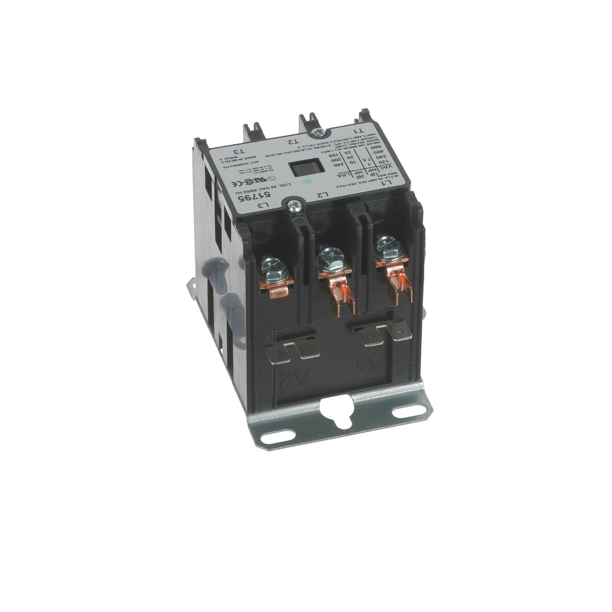 A black electrical contactor with a silver metal terminal cover and several mounting screws and terminal leads displayed on a white background.