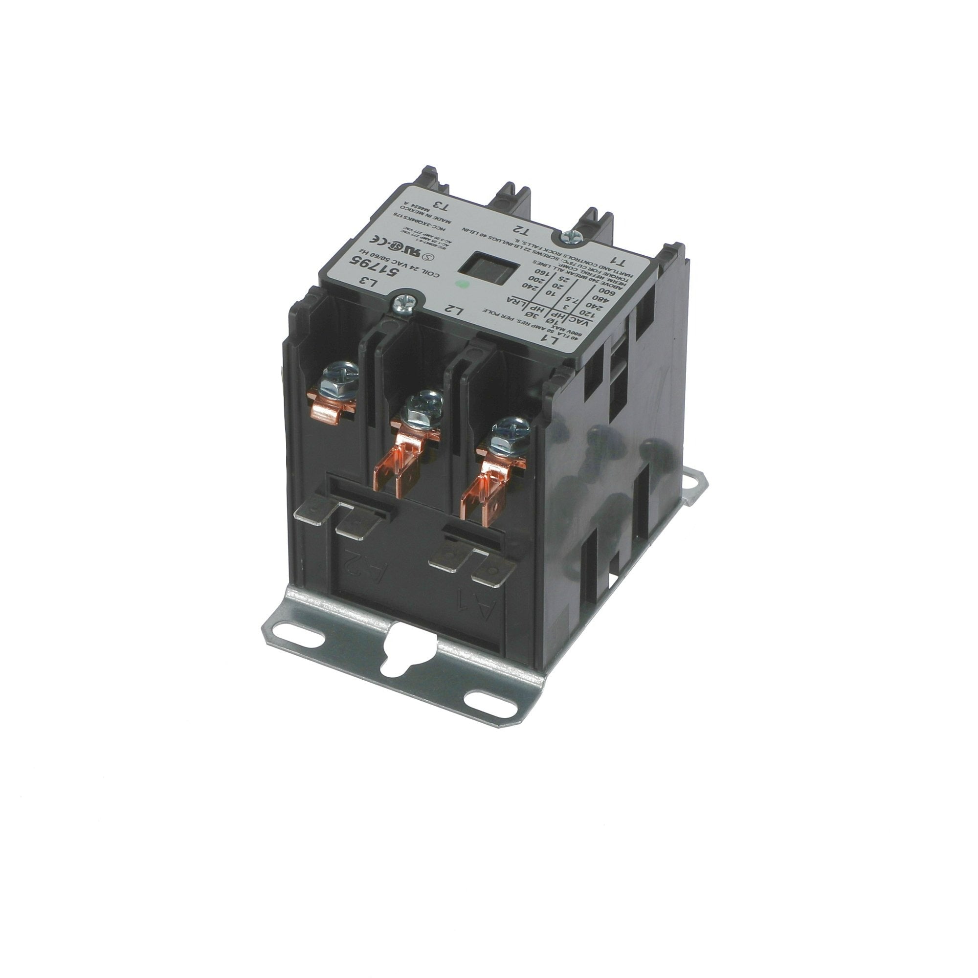 A black electrical contactor with a metal mounting bracket and several silver screw leads, shown on a plain white background.