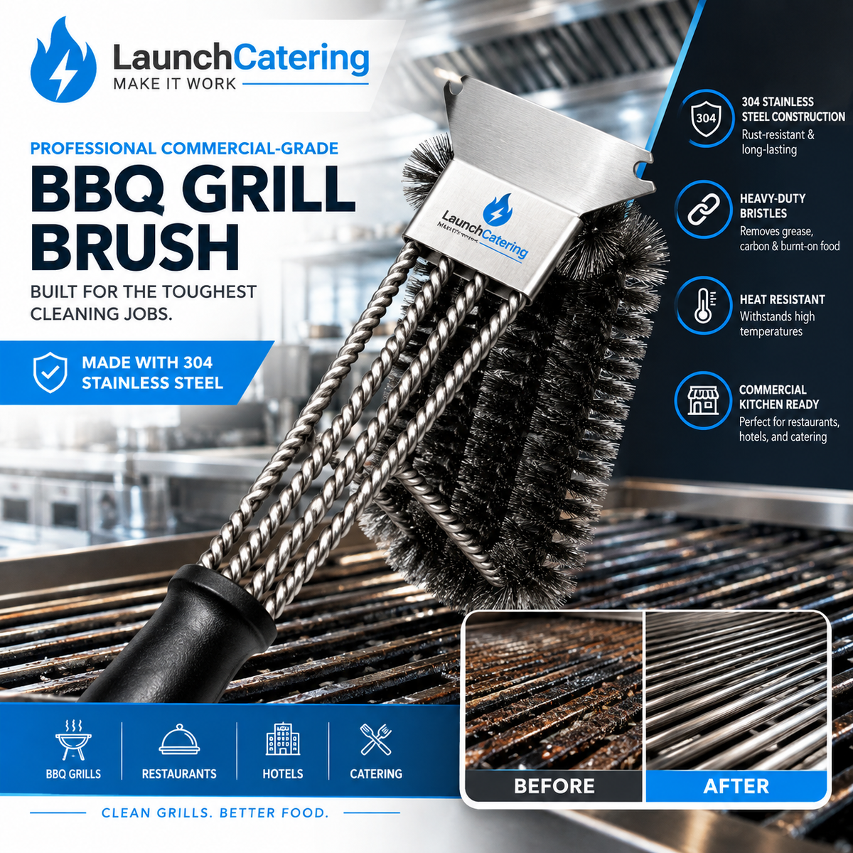 Short Handle 41cm Heavy Duty 304 Stainless Steel BBQ Grill Cleaning Brush with Scraper