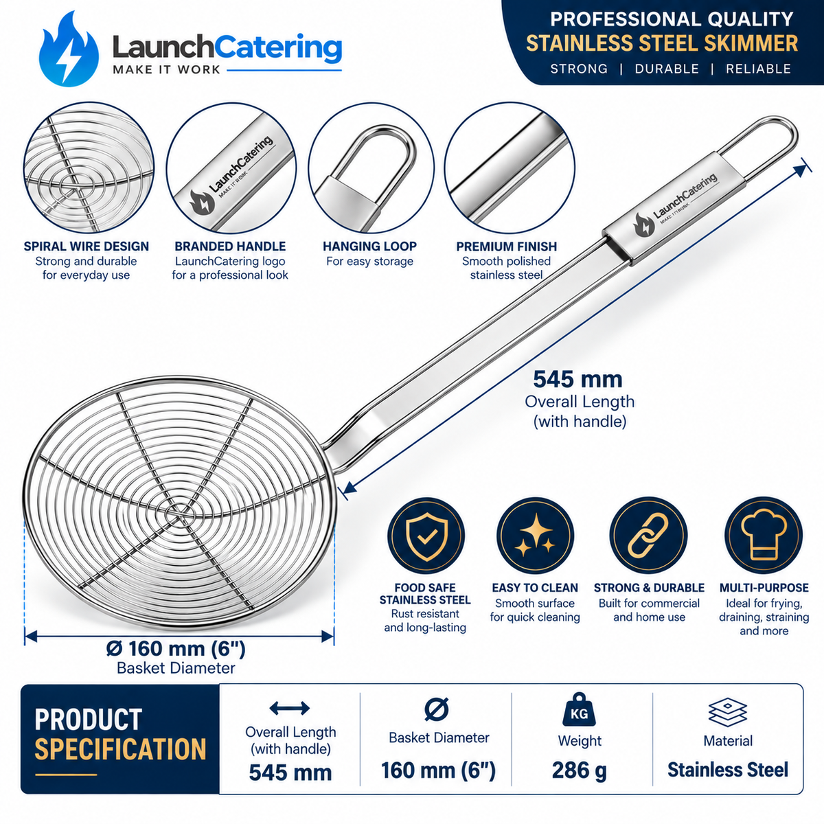 Professional 55 Cm Length Round Skimmer D16cm Stainless Steel Spider Strainer