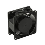 Motors 120mm axial fan motor, model FM-A-8038-L, featuring a black plastic frame, black fan blades, and a white circular label in the center with product specifications.