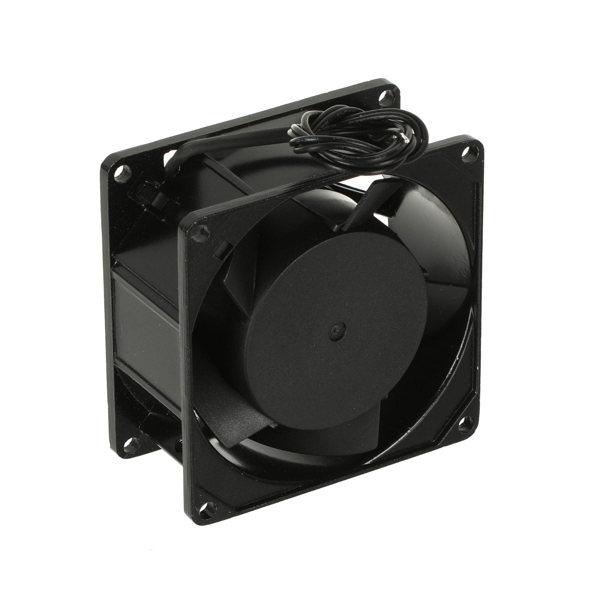 Motors 120mm axial fan motor, model FM-A-8038-L, featuring a black plastic frame, black fan blades, and a white circular label in the center with product specifications.
