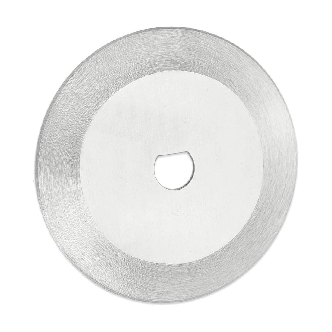 A circular metal disc with a brushed silver finish and a central hole, shown on a plain white background.