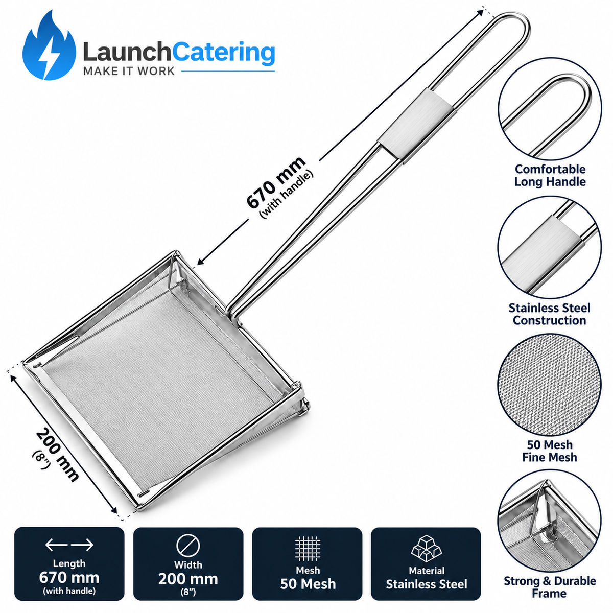 Heavy Duty Professional Commercial Stainless Steel Fryer Oil Skimmer 20cm 50 Mesh