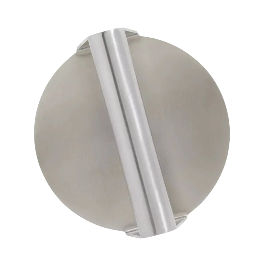 Round metallic object with a cylindrical component on a white background