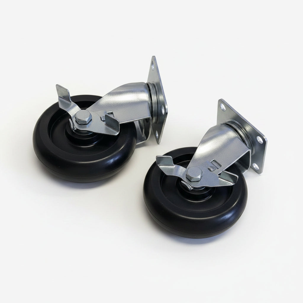 Two industrial swivel castor wheels shown from different angles on a light gray background with a repeating HAMOKI watermark.