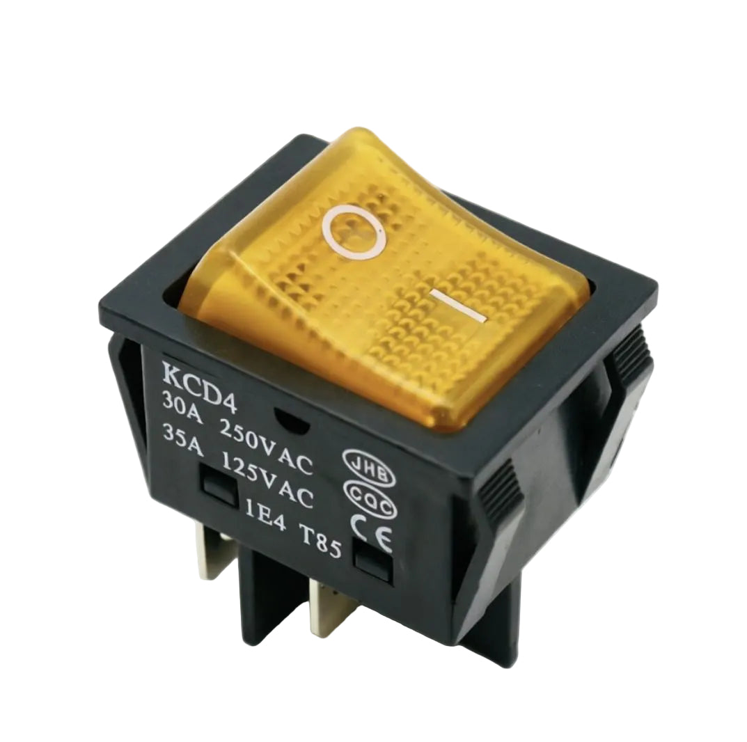A black square electrical switch with a translucent Yellow-colored 'I' (on) button and white 'O' (off) marking, shown on a clean white background.