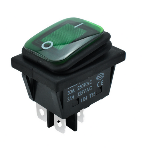 Waterproof DPST Rocker Switch 30A 250V 4 Pin Green LED for Commercial Catering Equipment