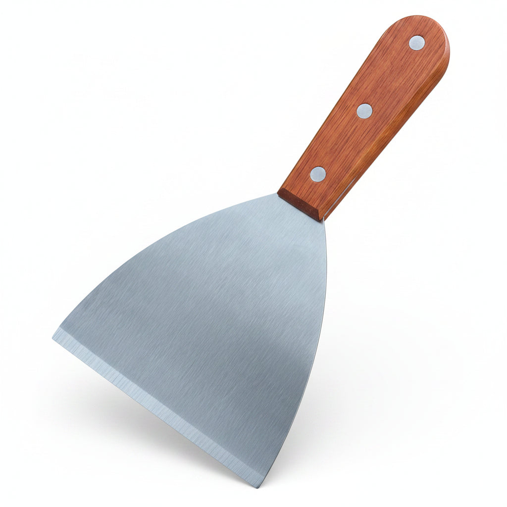 Metal spatula with wooden handle on a white background