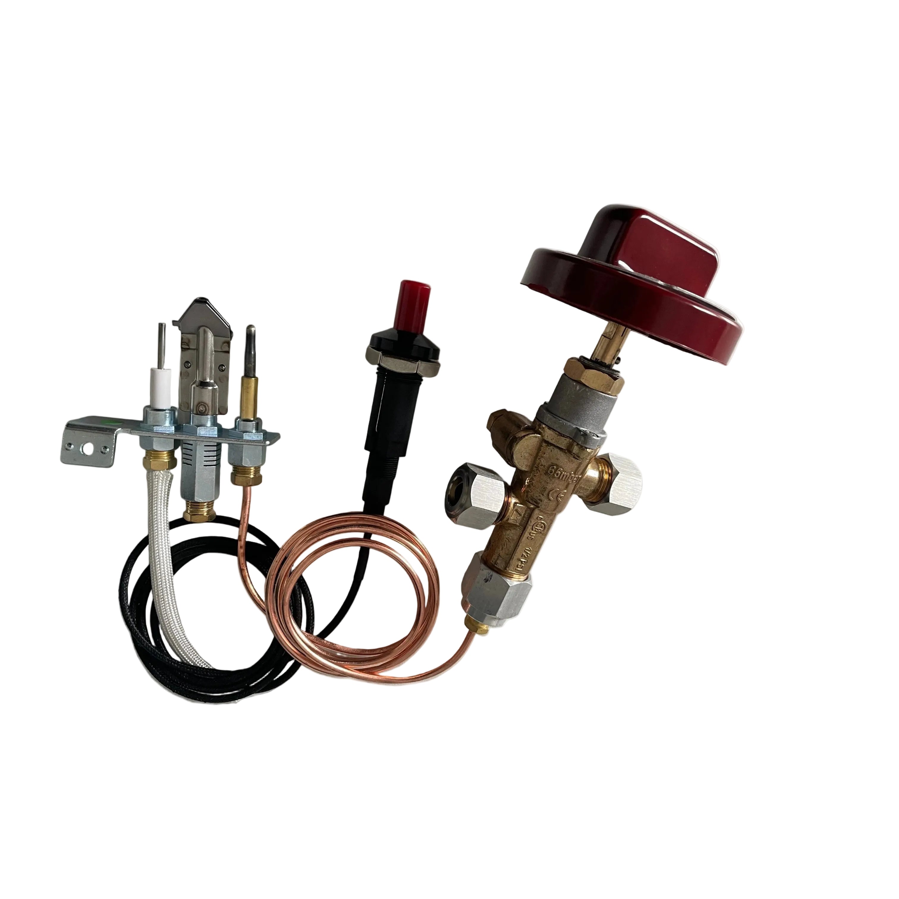 A gas stove burner assembly kit with a brass burner valve, a red control knob, a copper thermocouple wire, and a lower burner assembly with black and white tubes, shown on a light gray background.