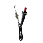 A small industrial or automotive sensor component with a black cable, a silver metal probe tip, a white insulator, and a black housing with a red button or cap, photographed on a plain light background.