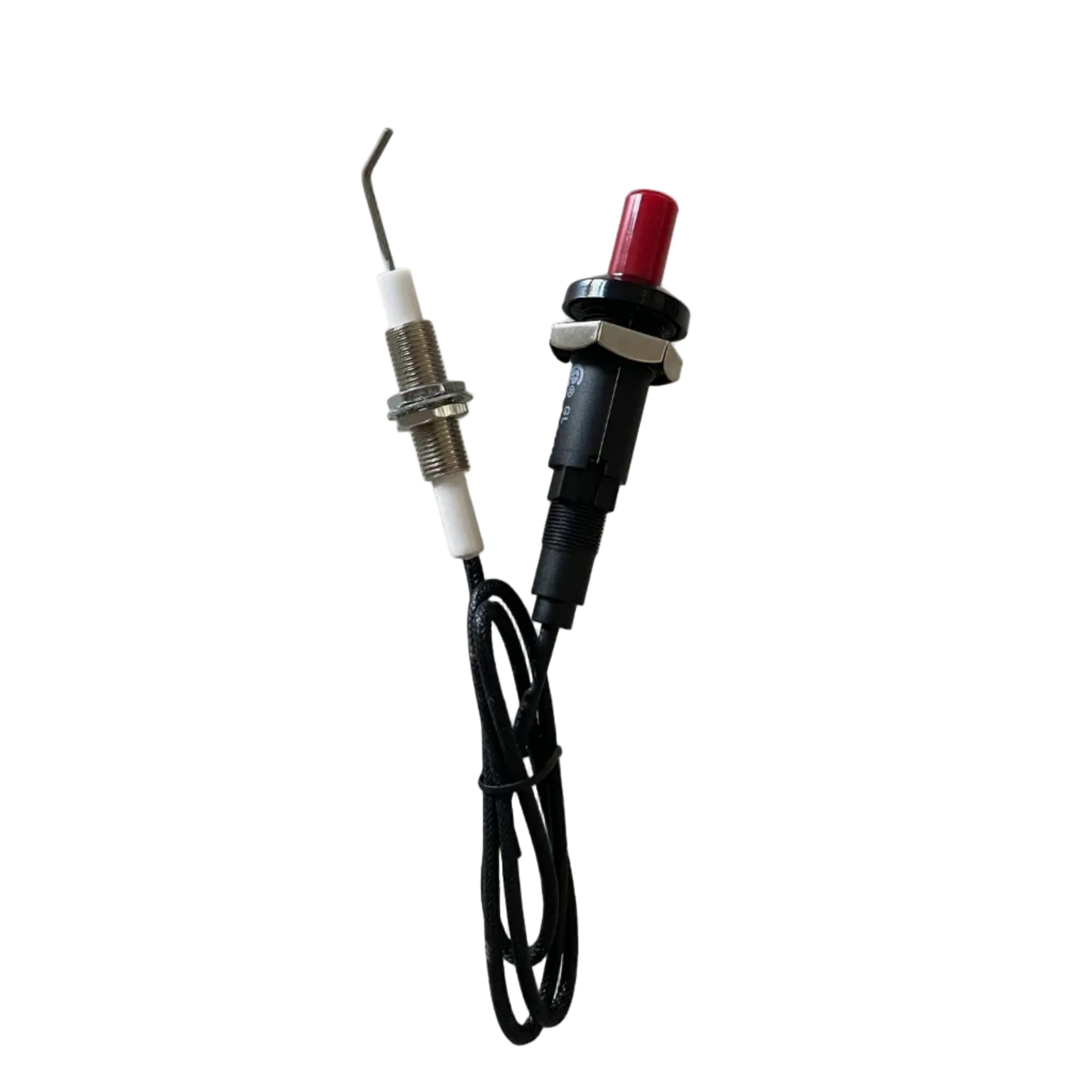 A small industrial or automotive sensor component with a black cable, a silver metal probe tip, a white insulator, and a black housing with a red button or cap, photographed on a plain light background.