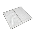 A square stainless steel wire cooling rack with a grid pattern and raised rim, shown on a plain white background.