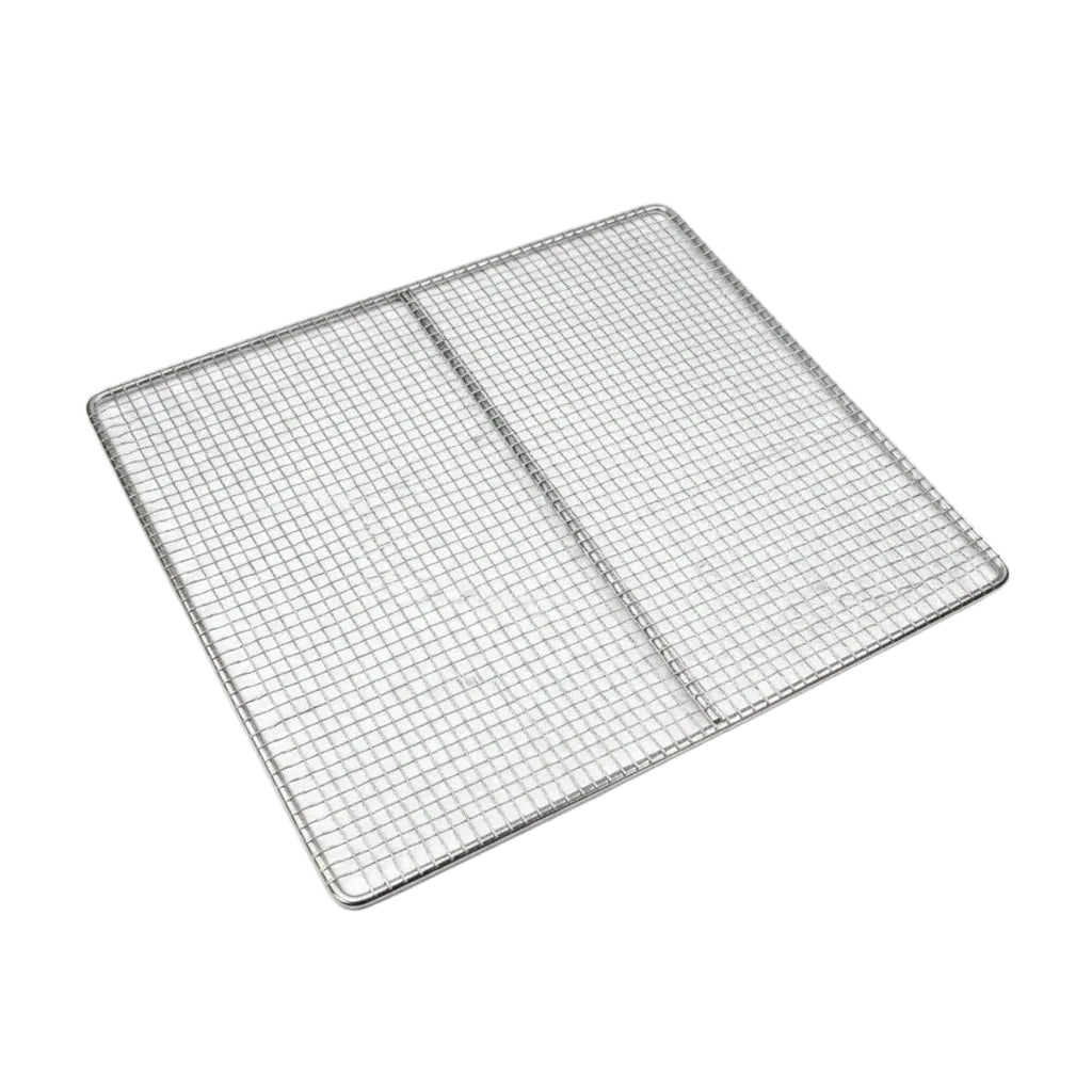 A square stainless steel wire cooling rack with a grid pattern and raised rim, shown on a plain white background.