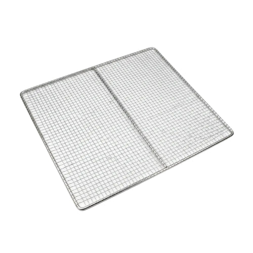 A square stainless steel wire cooling rack with a grid pattern and raised rim, shown on a plain white background.