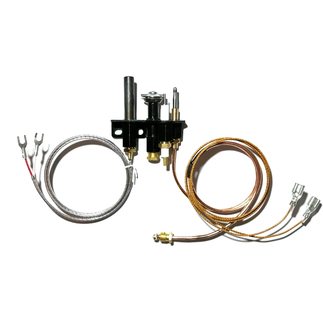 A gas appliance thermocouple kit featuring a black metal mounting bracket, a silver stainless steel wire thermocouple, and a copper thermocouple with matching wire leads, all displayed on a clean white background.