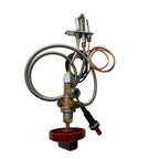 A gas appliance safety valve assembly with a red dip tube, brass and stainless steel components, a copper heat trace coil, and a black safety switch, isolated on a white background.