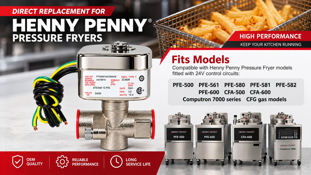 Henny Penny 24V 50Hz solenoid valve 29698 compatibility chart for PFE, CFA, Computron and CFG fryer models