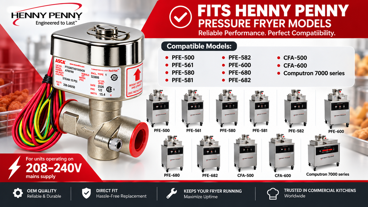 Henny Penny pressure fryer steam solenoid valve 18724 compatibility chart for PFE, CFA and Computron models