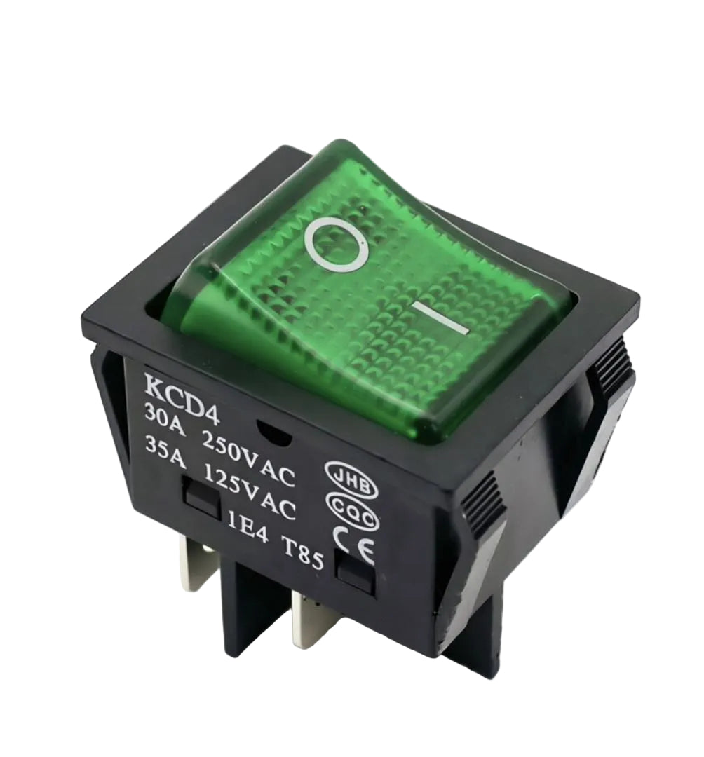 A black electrical switch module with a translucent green square rocker labeled 'O' and 'I', shown on a plain white background. White printed text on the side includes 'KCD4 30A 250VAC 35A 125VAC IE4 T85' and certification marks.