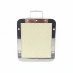 A square metal exhaust or intake component with a silver chrome frame, a textured beige mesh filter, and a mounting bracket at the top, shown on a plain white background.