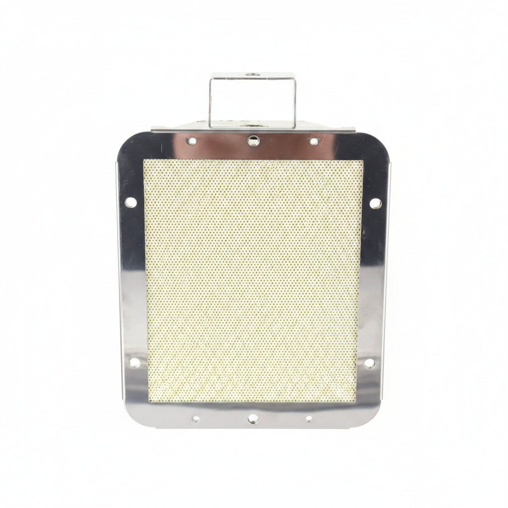 A square metal exhaust or intake component with a silver chrome frame, a textured beige mesh filter, and a mounting bracket at the top, shown on a plain white background.