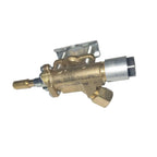 A brass and stainless steel gas valve assembly with engraved specifications, shown on a plain light background.