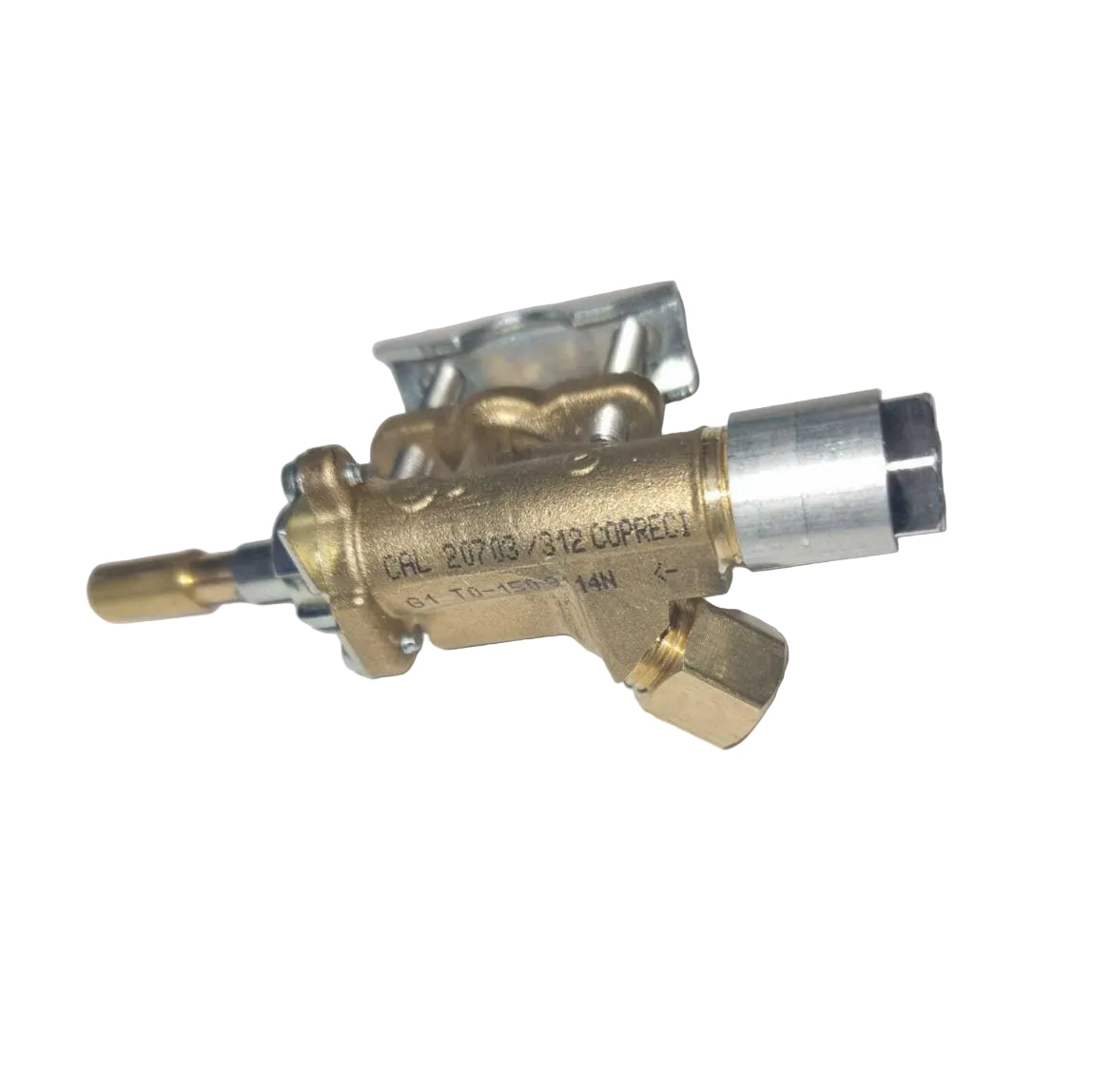A brass and stainless steel gas valve assembly with engraved specifications, shown on a plain light background.