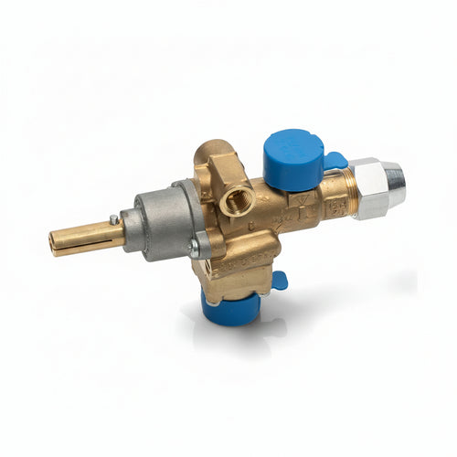 A brass and steel pressure regulator with blue plastic caps, shown on a clean white background.
