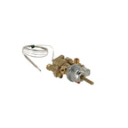 A brass and silver metal water heater thermostat valve with a coiled metal thermocouple wire, shown on a plain white background.