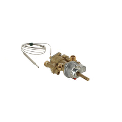A brass and silver metal water heater thermostat valve with a coiled metal thermocouple wire, shown on a plain white background.