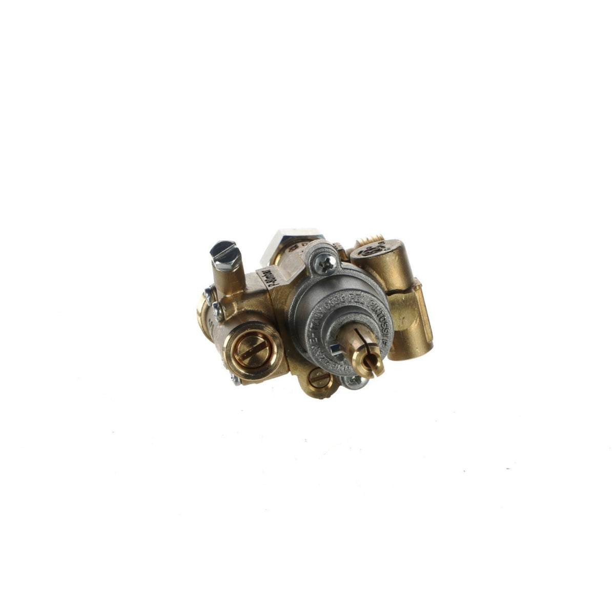 A small brass and silver metal mechanical part, likely a pump or valve assembly, shown on a plain white background.