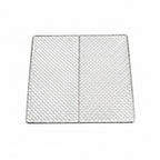 A square stainless steel wire cooling rack with a fine mesh pattern and a central divider seam, shown on a plain white background.