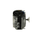 A silver and black electric motor assembly with attached black wiring, shown alongside mounting hardware including a white plastic splined component, screws, washers, and nuts on a plain white background.