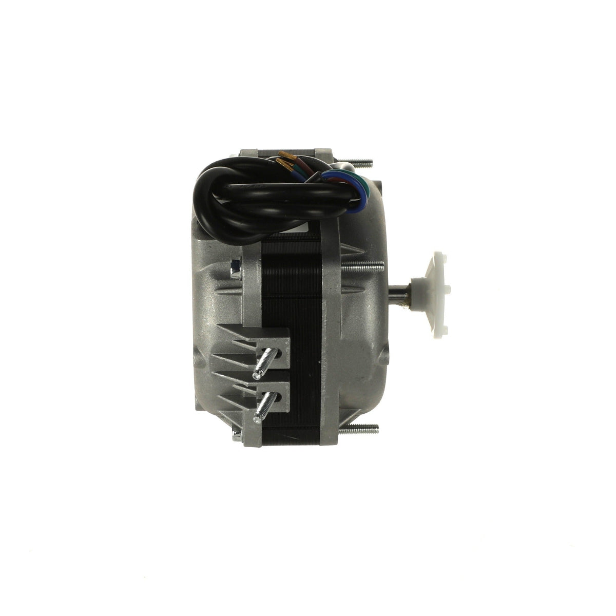 A silver and black electric motor assembly with attached black wiring, shown alongside mounting hardware including a white plastic splined component, screws, washers, and nuts on a plain white background.