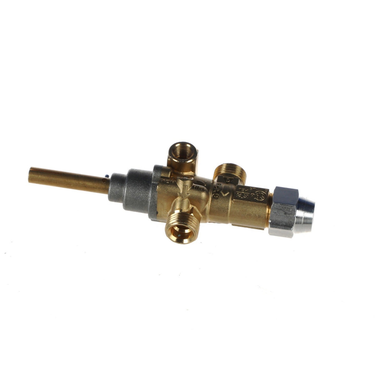 A brass and stainless steel spray nozzles or atomizer component, isolated on a solid white background.