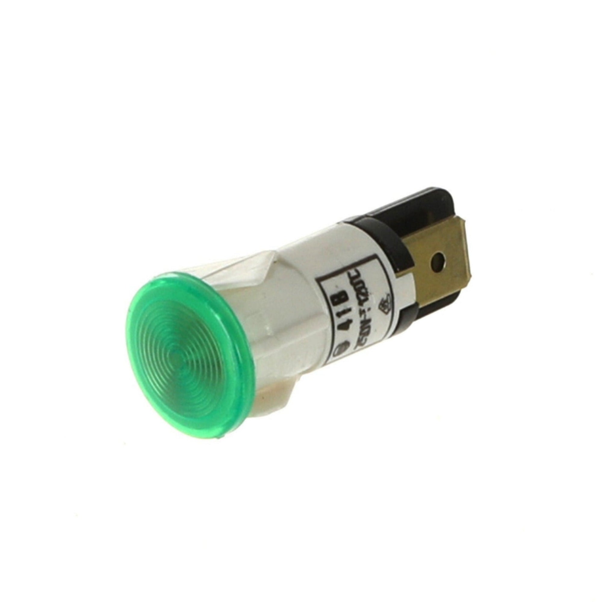 A small green indicator light with a white cylindrical body and a black metal connector, shown on a plain white background.